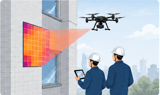 イラスト：赤外線カメラを積んだドローンが建物のタイル外壁を撮影し、タブレットを持った2人の点検員が地上から見守っている