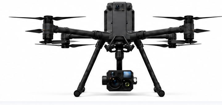 赤外線カメラ付きジンバルを機体下部に搭載した DJI Matrice 400 RTK を正面から見た製品画像