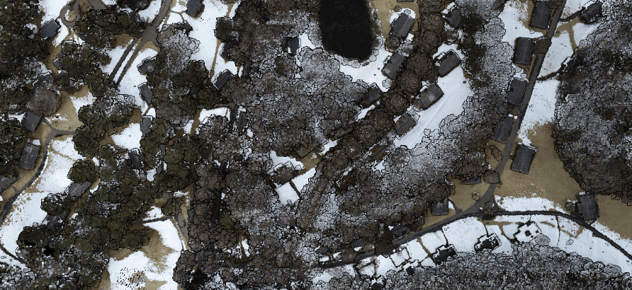 上空から取得した雪景色の集落の点群。樹木を含んだ状態と、樹木を取り除いて建物・道路・地形だけが残った地表面の状態が交互に切り替わる