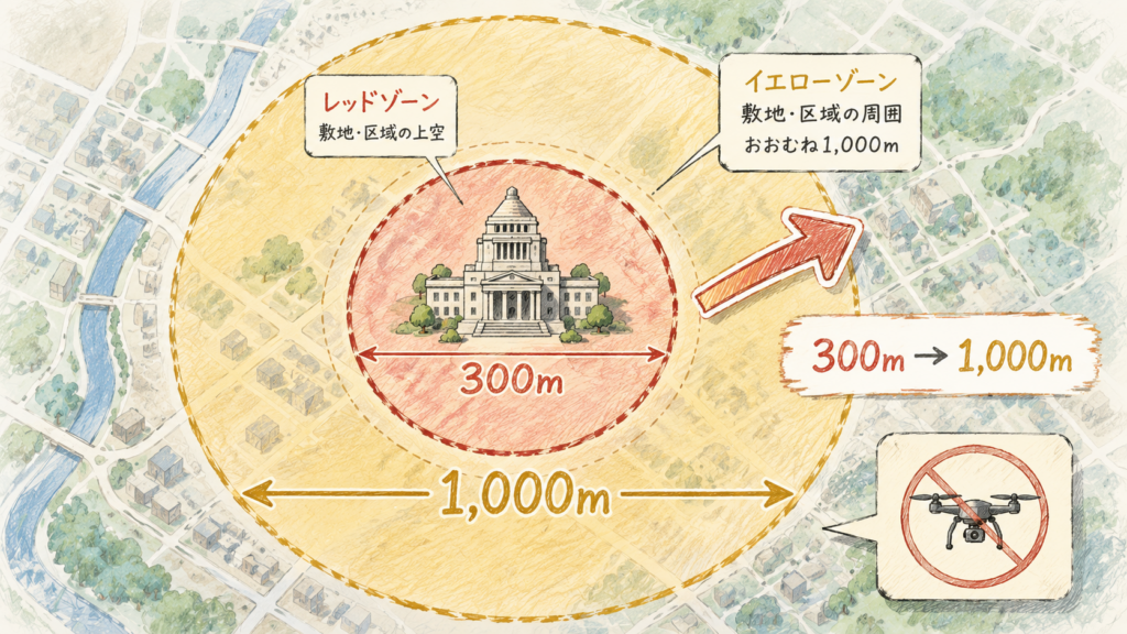 小型無人機等飛行禁止法の改正（1,000m拡大・直罰化）