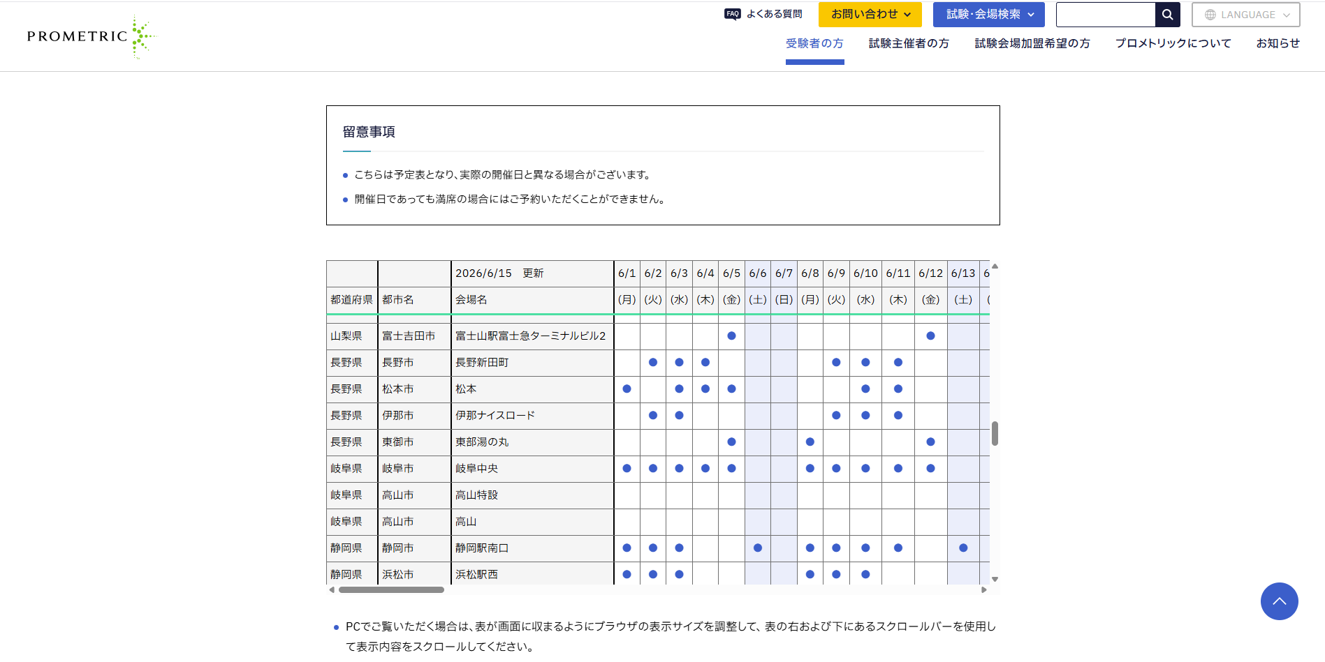 プロメトリックの「開催日程」で都道府県・会場・開催日（●）を確認する画面